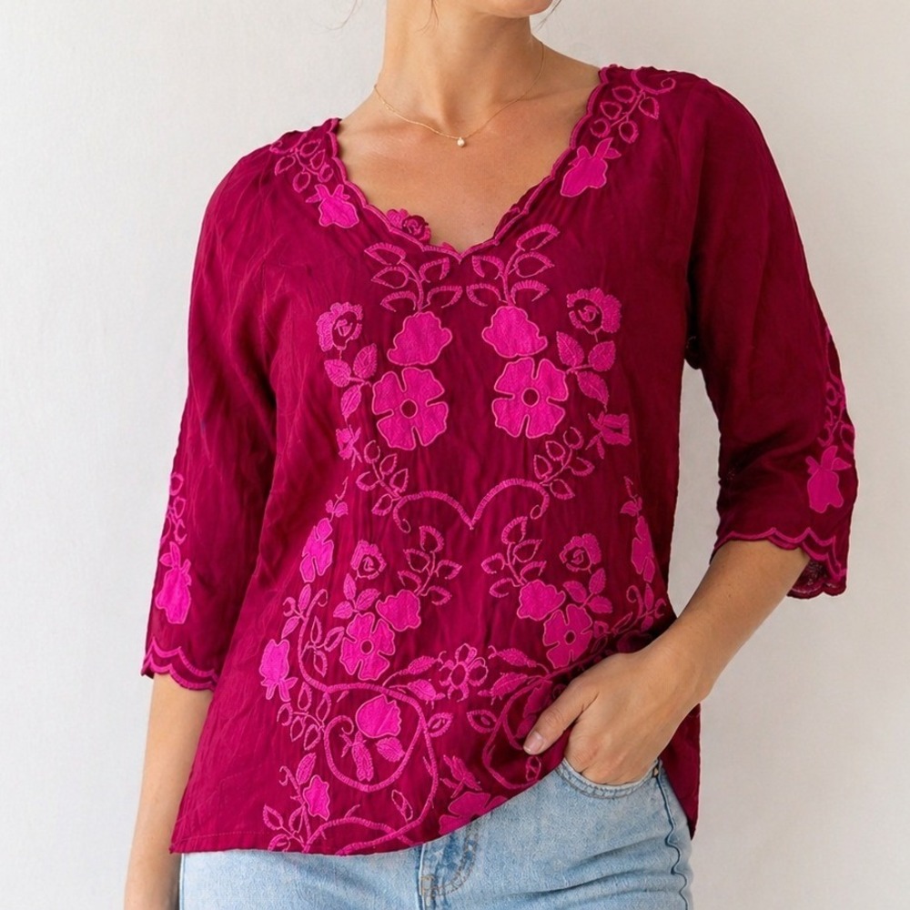Johnny Was Sheradon Pink Scalloped Embroidered Luxe Boho Tunic Womens Small
